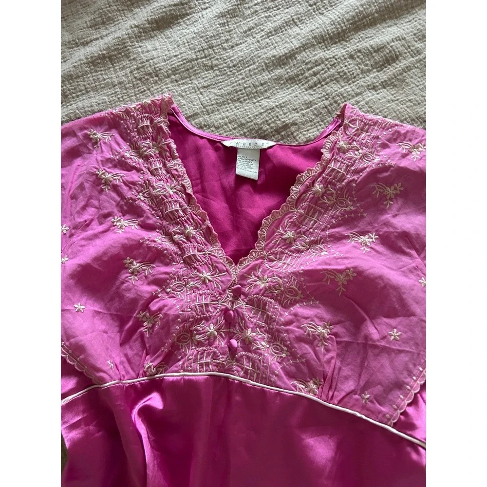 Vtg Tweeds Pink Embroidered Babydoll Cap Sleeve Tunic Tie Waist L Coquette Fairy - Picture 6 of 14